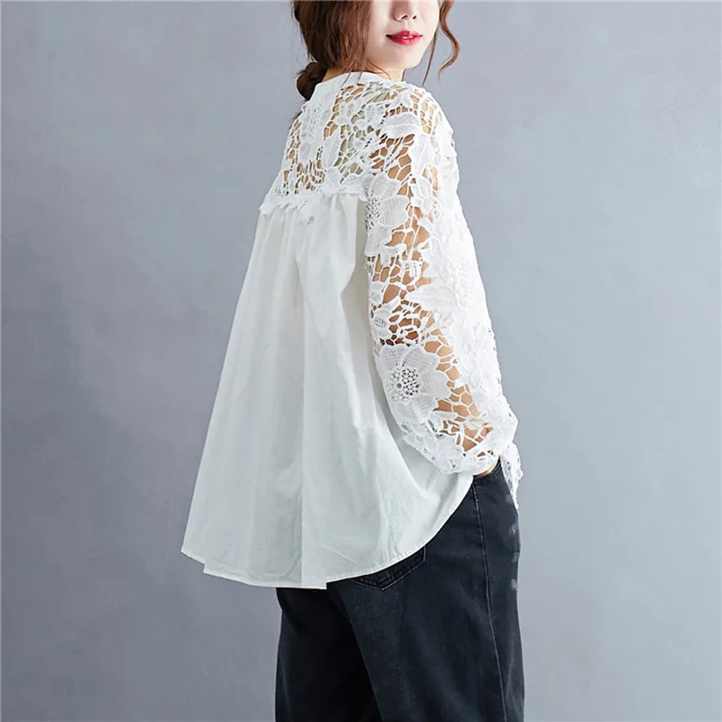 Oversized Lace T-shirt Hollowed Out Shirt Women Long Sleeve Casual Mesh Office Ladies Womens Summer Korean Style Cotton Tshirt