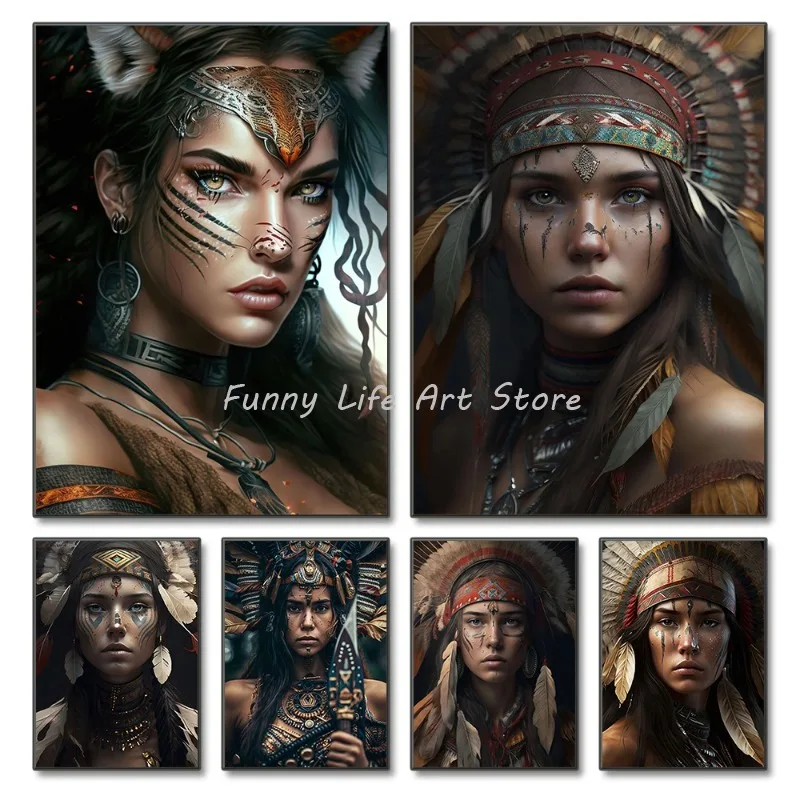 Modern Indian Tribe Indigenous Chief Portrait Woman Posters Prints Canvas Printing Wall Art Picture for Living Room Home Decor