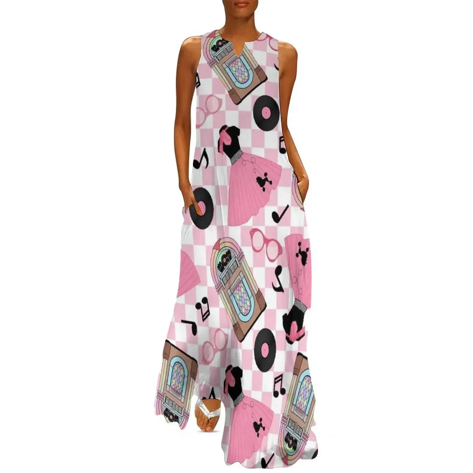 

1950s Rock and Roll Poodle Skirt Pink Long Dress summer women's dress 2025 clothing women summer 2025 elegant dress