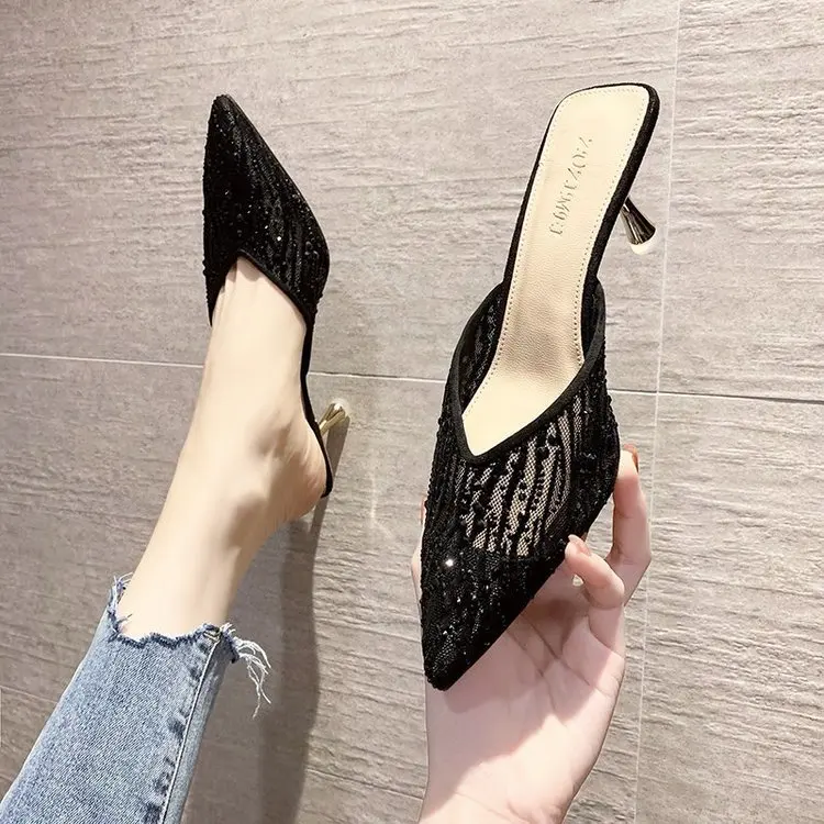 2024 Mesh Slippers Women New Summer Shoes Women Fashion Pointed Slides Spike Heels Beige Mules Shoes High Heels