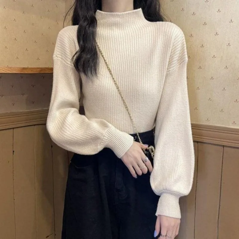 Women\'s Autumn Winter New Fashion Elegant High Neck Pullover Solid Color Knitwear Casual Versatile Western Commuter Youth Top