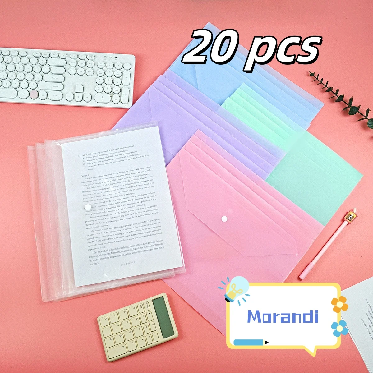

20 Pieces A4 File Bags with Gradient Transparent Snap Buttons, Thickeneded Large-Capacity Test Paper Storage Bags, Information Bags, Button Bags, File Bags