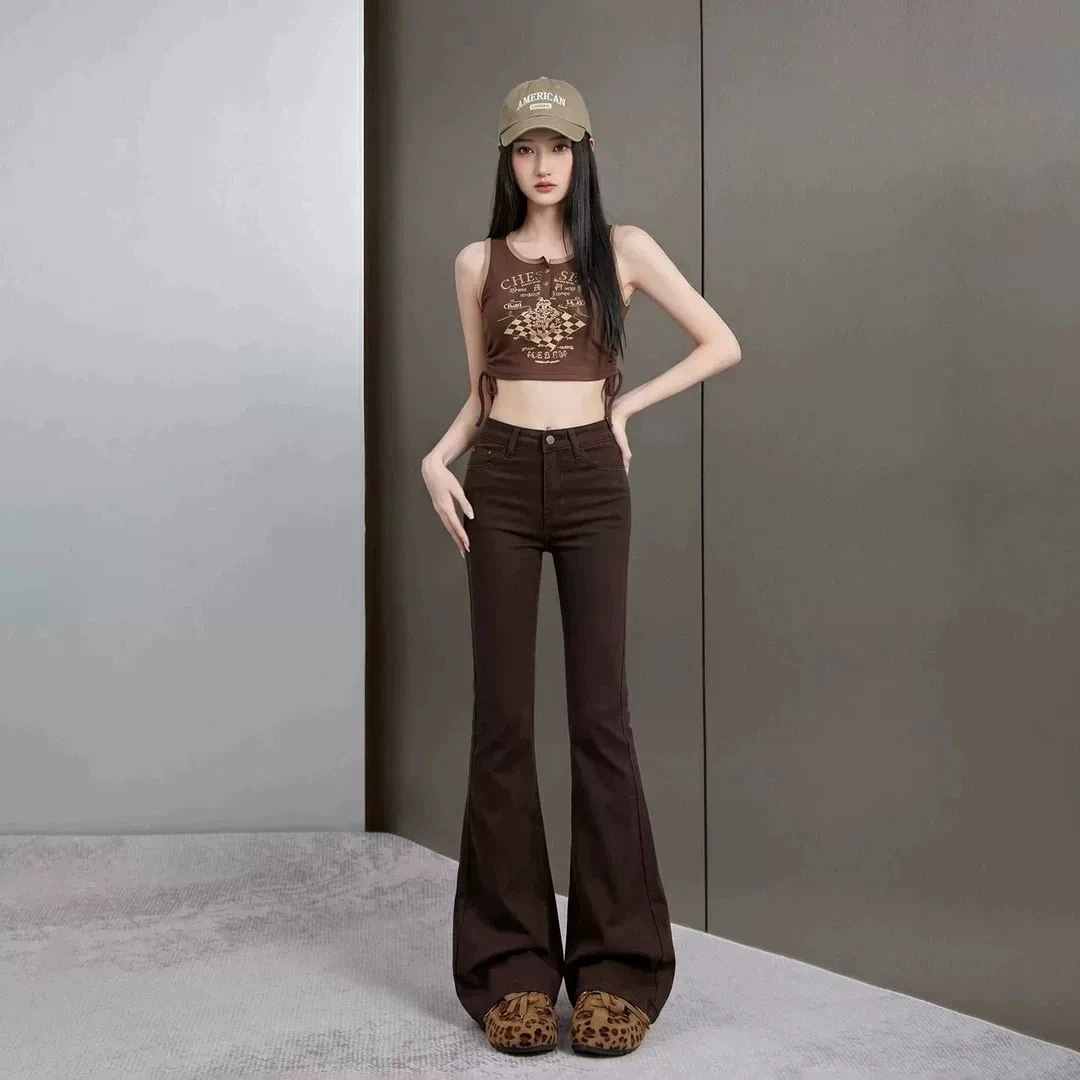 American Style Spicy Girl Coffee Color Draped Micro Flare Denim Pants Women's New 2026 Elastic Small Size Slimming Skinny Jeans