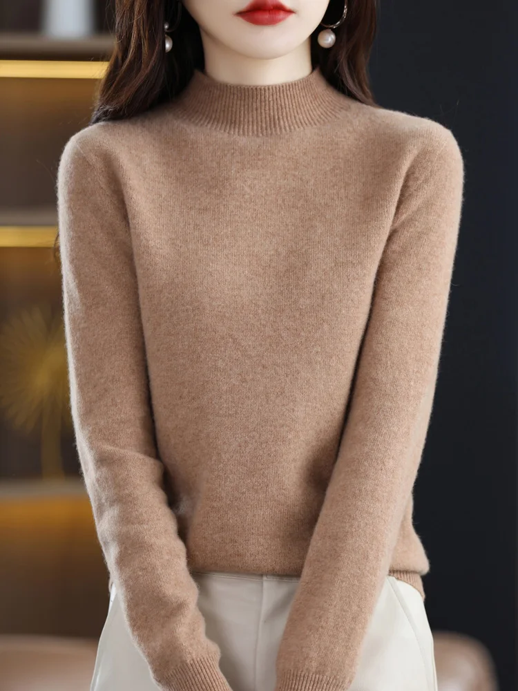 Addonee Autumn Winter Women Basic Sweater Mock Neck Pullover 100% Merino Wool Long Sleeve Solid Cashmere Knitted Female Clothes