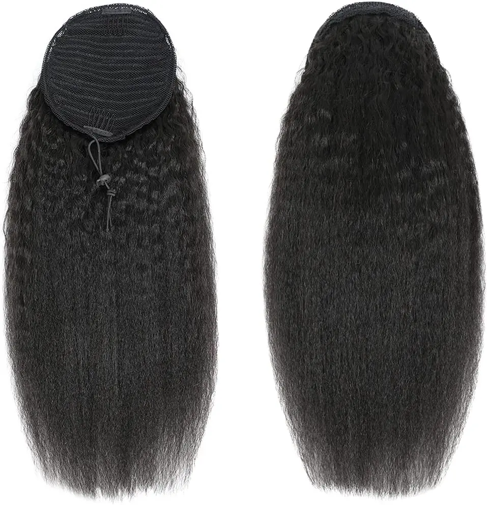 26 Inches Kinky Straight Ponytail Extension 100% Human Drawstring Ponytail Brazilian Remy For Women Natural Black Color