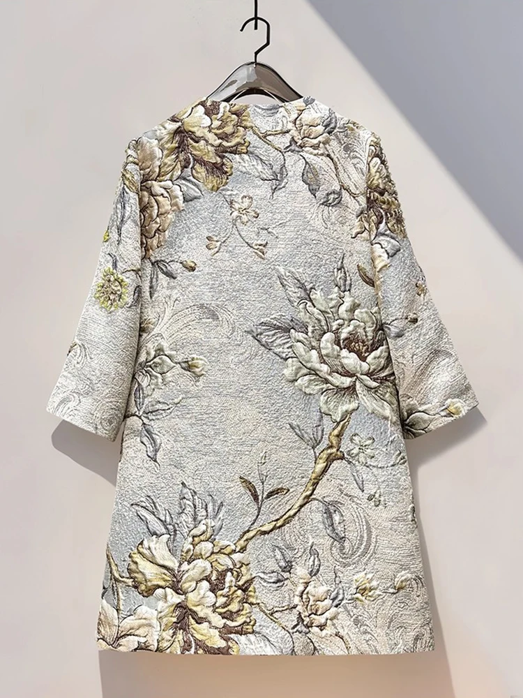 DSFACAIRIJ Women's Vintage Jacquard Coat with Concealed Buttons O-Neck 4/3 Sleeves Pockets Beading Detail Early Autumn Outerwear