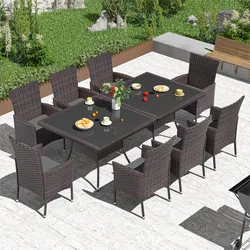 Courtyard rattan outdoor dining table set, square tempered glass tabletop with umbrella hole and 8 chairs, gray