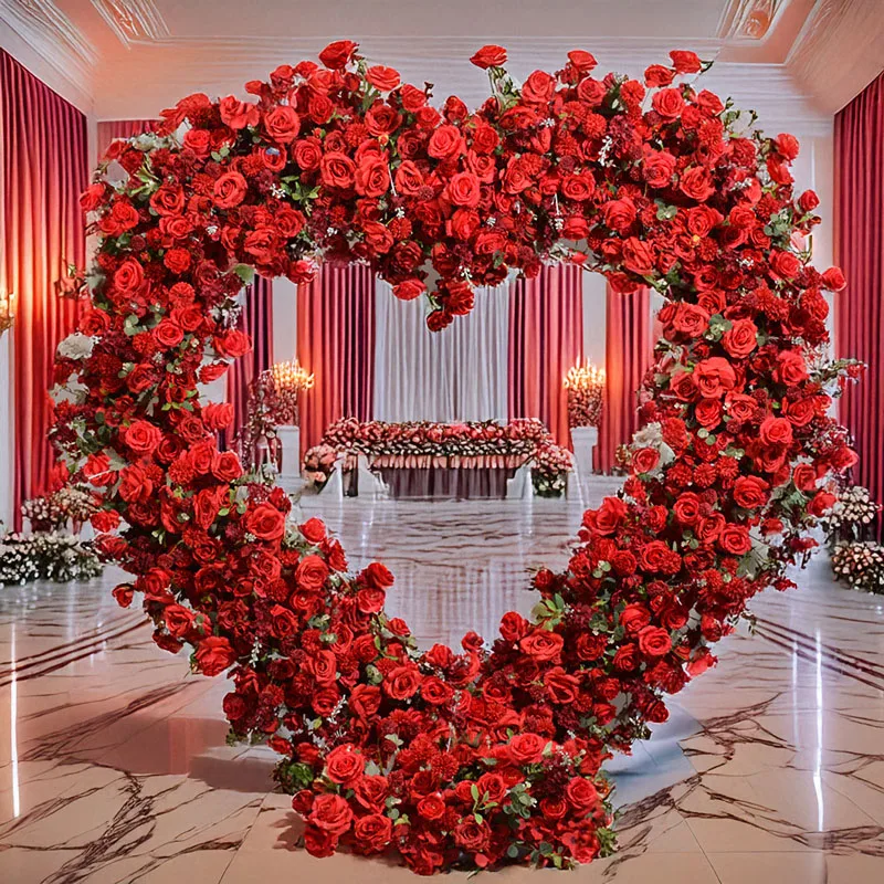 

2M Red Fake Embroidered Ball and Rose Heart Shaped Flower Stand with Rose Theme Perfect for Wedding Stage Background
