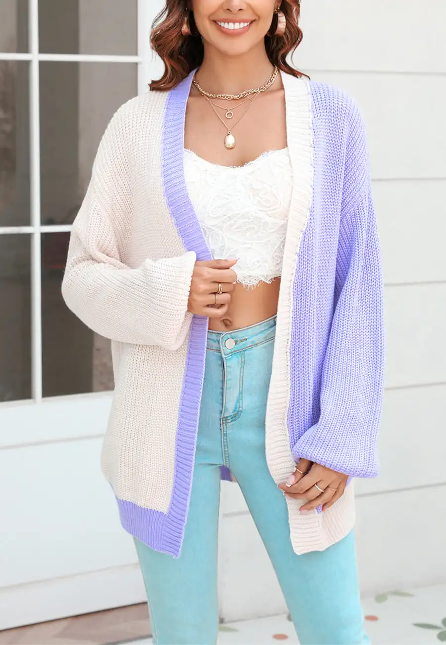 Asymmetrical Vibrant Color Block Open Front Cardigan Long Sleeved V-Neck Knit Sweater Fall Winter Loost Fit Cardigans