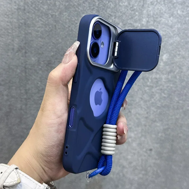 Fold Camera Protection Lens Stand Holder Soft Case For iPhone 16 15 14 13 12 11 Pro Max Wrist Strap Silicone Shockproof Cover