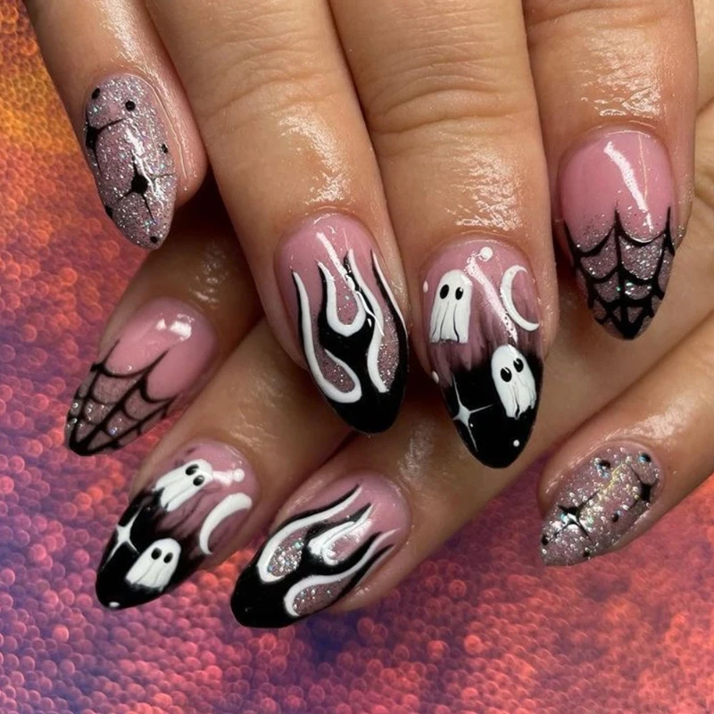 

Halloween Almond Nail Sparkling Pink Spider Web Ghost Flame Reusable Fake Nail Women's Nail Art Decoration 24 pieces