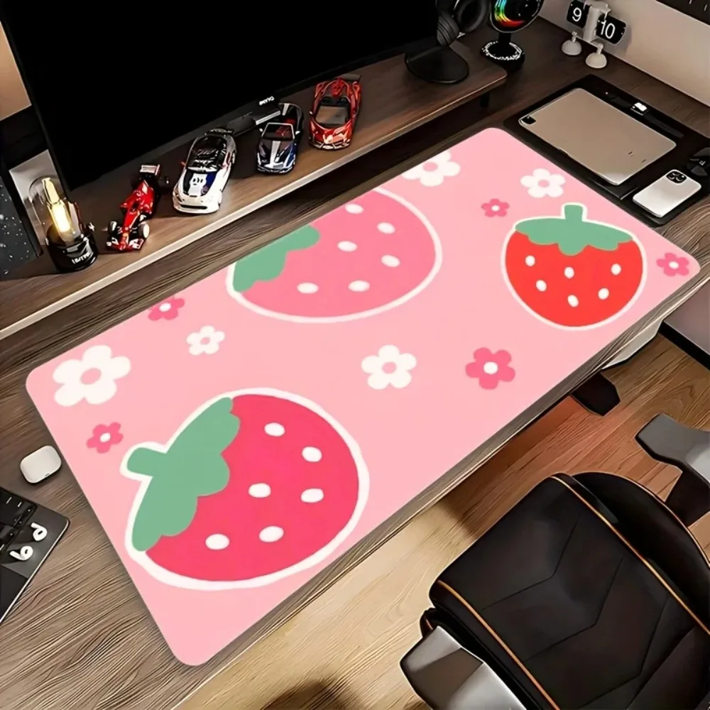 Pink Strawberry Gaming Mouse Pad, Large Non-Slip Rubber Base, Stitched Edge Cute Desk Mat for Office