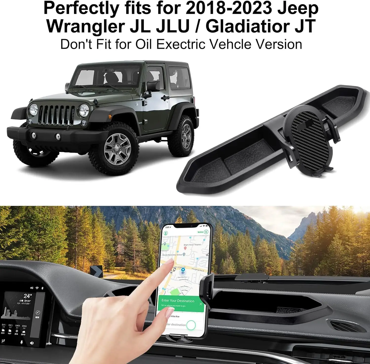 Phone Mount for Jeep Wrangler JL JLU & Gladiator JT, Multi-Mount Phone Holder Dash Tray System Kit with Extension Arm Metal Rod