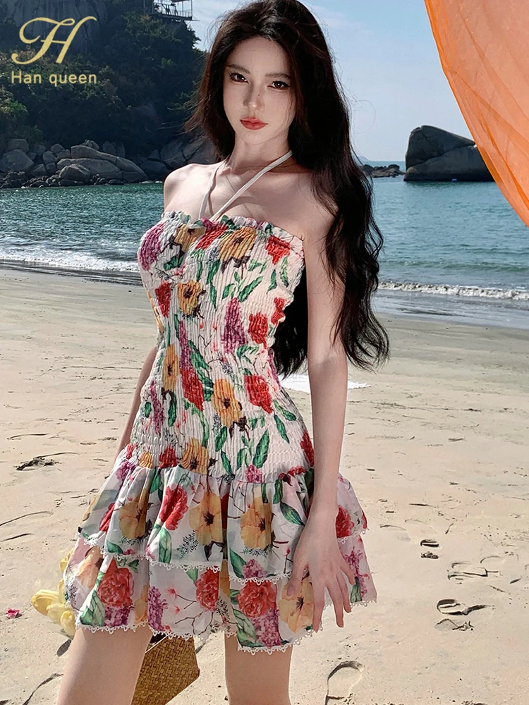 

H Han Queen Women Sexy Strap Bohemian Printed Elastic Summer Dress High Waist Casual Beach Holiday Party Dress