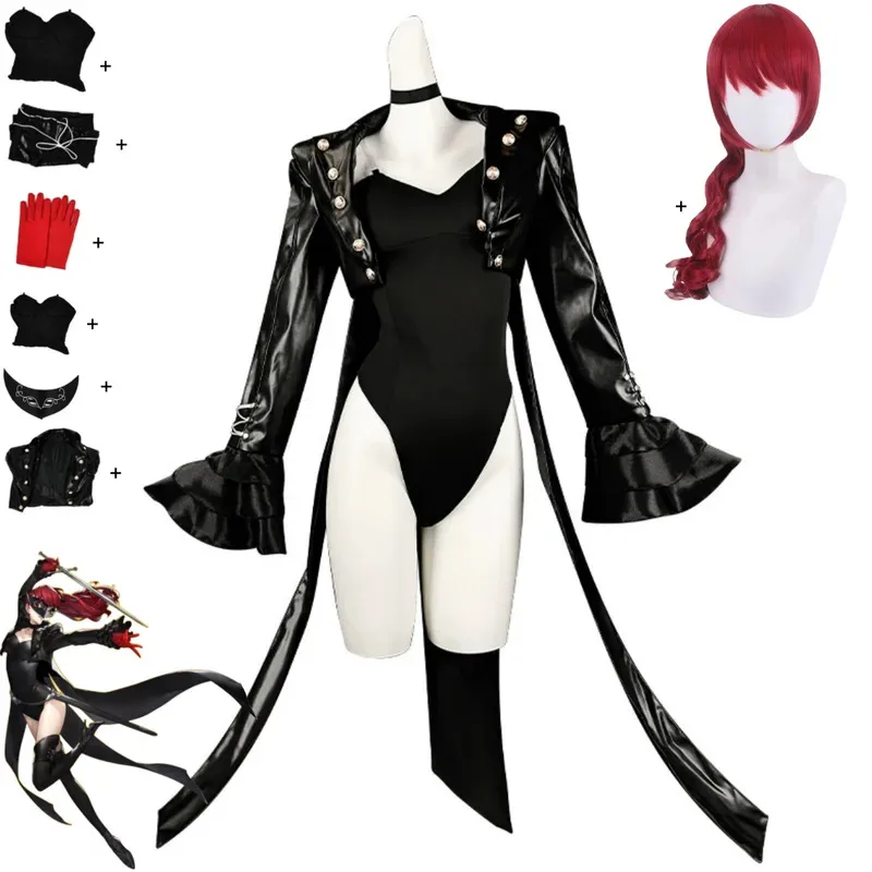 Game Royal Kasumi Cosplay Costume P5R VIOLET Sumire Yoshizawa Wig Jumpsuits PU Coat Woman Sexy Party Suitc;6,r'8;p'