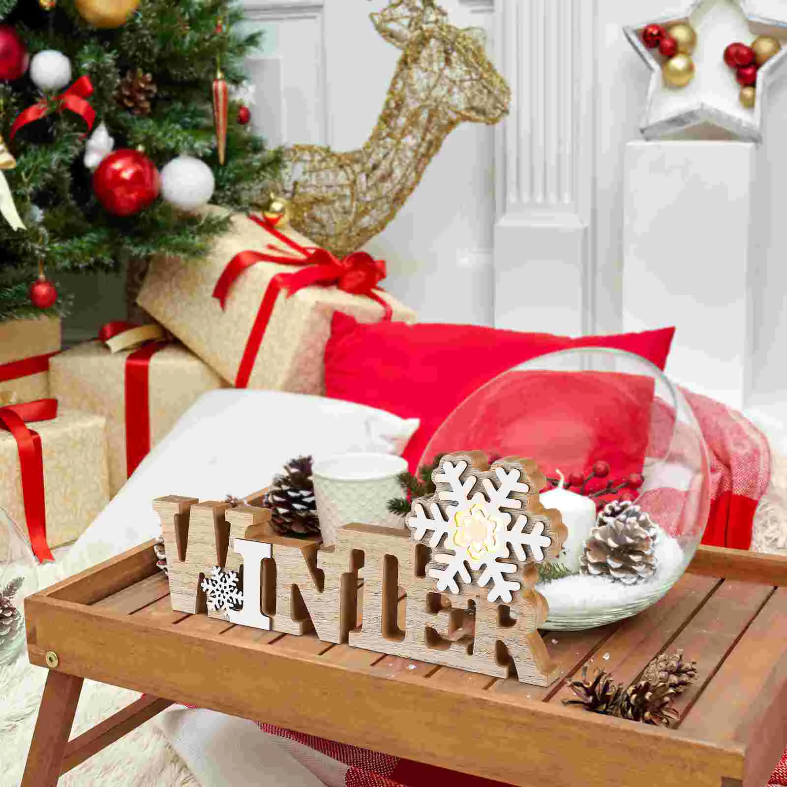 Hotel Decoration for Christmas Table Sign Standing Accessories Eye-catching Winter Wood Banquet Letters Snowflake Ornament