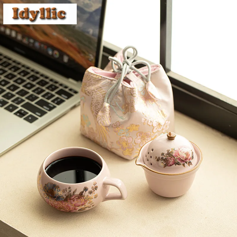 

Имитация печи Ru Kiln, дорожный чайный сервиз, традиционный 1 горшок, 1 чашка, органайзер для приготовления чая, портативная уличная сумка-тоут, чайные предметы, подарок