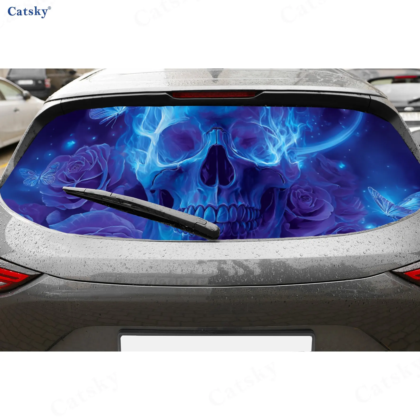 

Blue Flame Skull Rose Dark Fantasy PVC Perforated Car Vinyl Wraps, Durable Car Rear Windshield Sticker, Waterproof Car Rear Wind