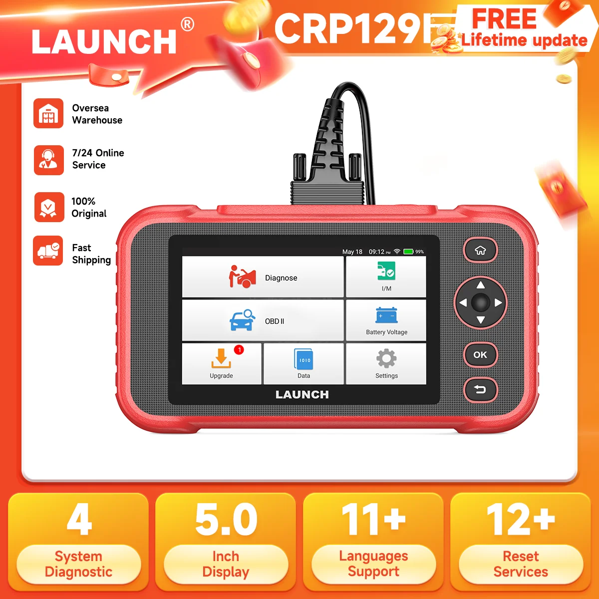 

LAUNCH CRP129i V2.0 OBD2 Scanner 4 Systems Diagnostic Tool TPMS EPB ABS Bleeding DPF SAS Throttle Injector Coding Tool