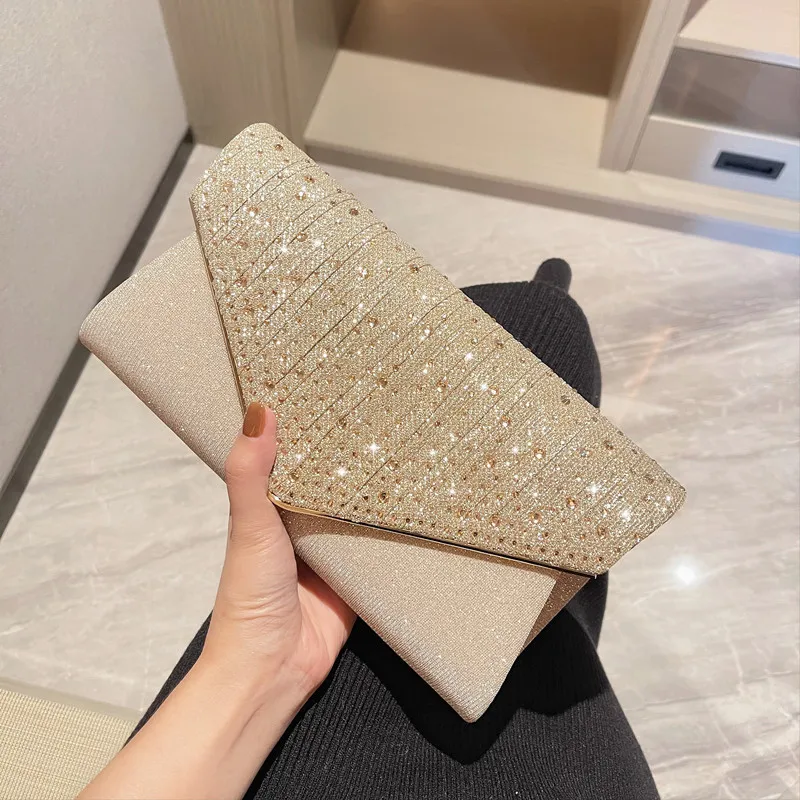 Women's Pleated Sequin Evening Clutch Bag Wedding Purse Bride Handbag Chain Crossbody Bag For Banquet Party Dinner Bag