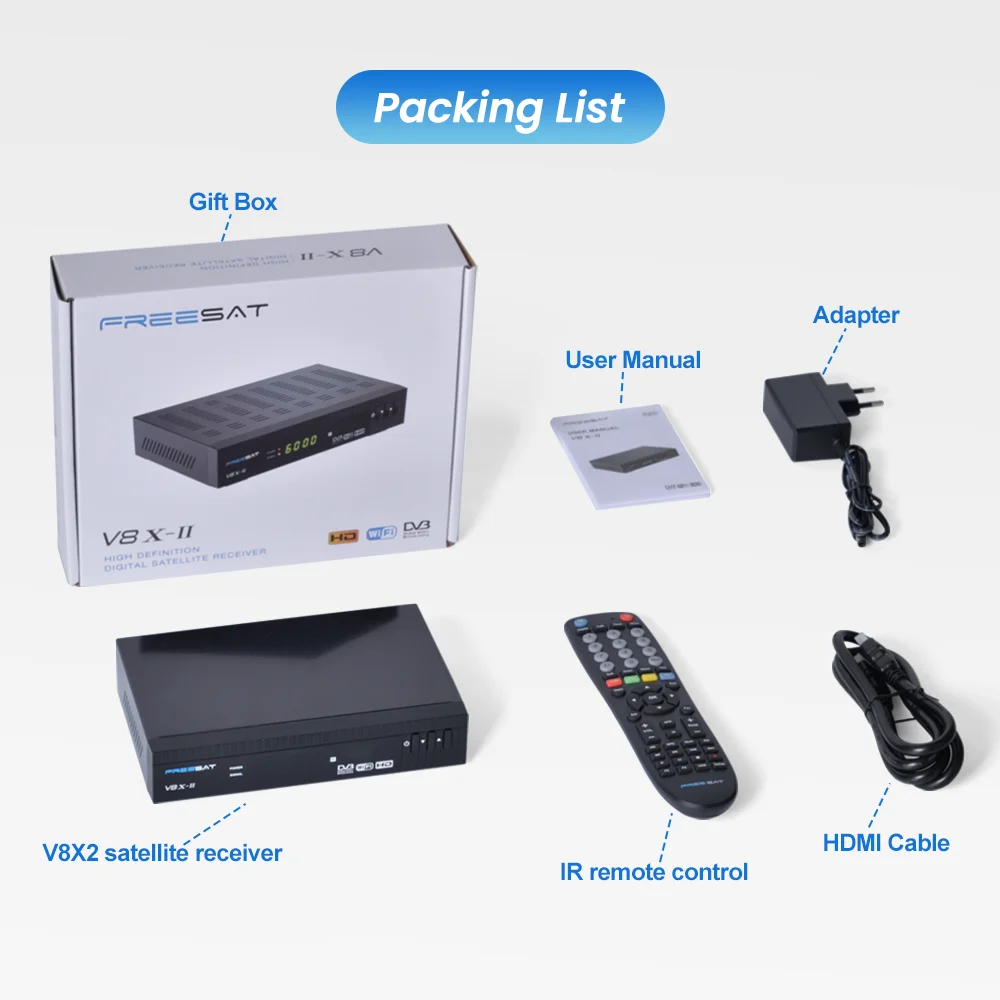 جهاز استقبال الأقمار الصناعية الرقمي FREESAT V8X 2 DVB-S/S2/S2X، H.264/H.265 WIFI مدمج، MARS/FUNCAM 1080P FHD TV Box مع فتحة بطاقة CA
