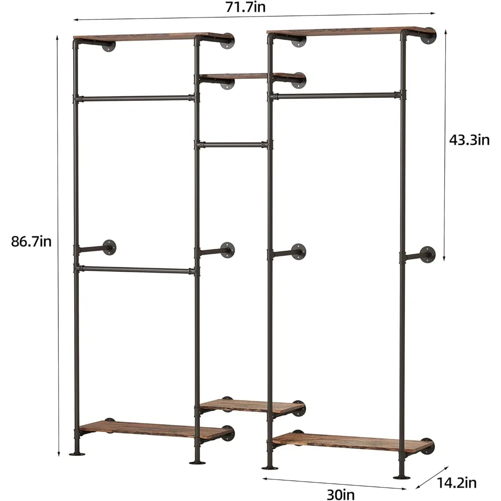 Closetsystemen voor inloopkasten, pijpkledingrek Closet Organizersysteem met planken Wandgemonteerd kledingrek Zwaar