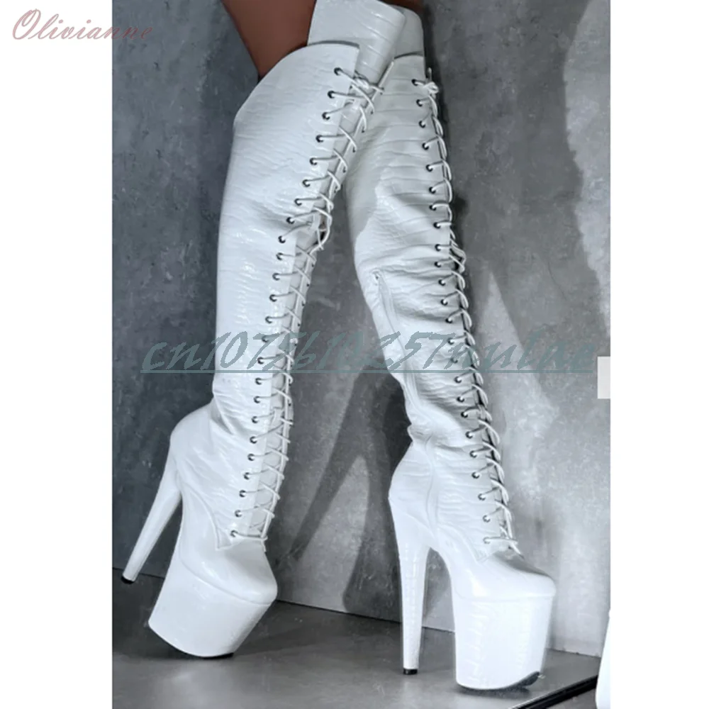 20cm/8inch Stiletto High Heel White PU Leather Knee High Boots Cross Tied Hot Platform Performance Stage Sexy 2026 Women Shoes