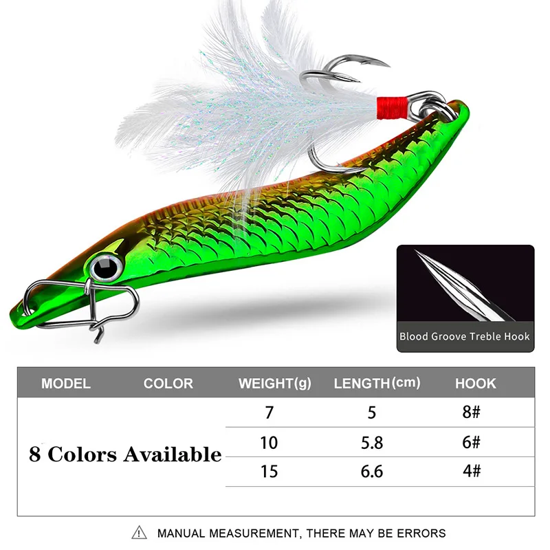 WDAIREN Metal Spinner Sequins Fishing Lure Vibration Spoon Artificial Bait Feather Treble Hooks Jig Wobblers Bass Pesca Tackle