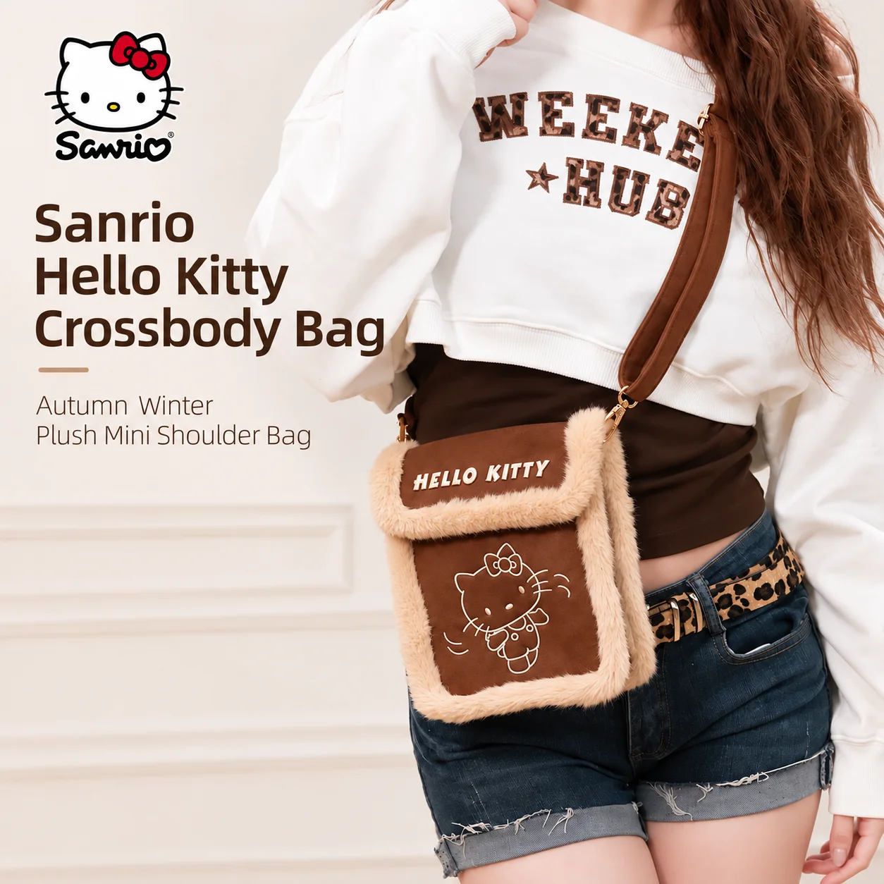 Fashion Autumn Winter Sanrio Hello Kitty Y2K Style Women Crossbody Shoulder Bag Mobile Phone Shoulder Bag Plush Daily Purse Gift
