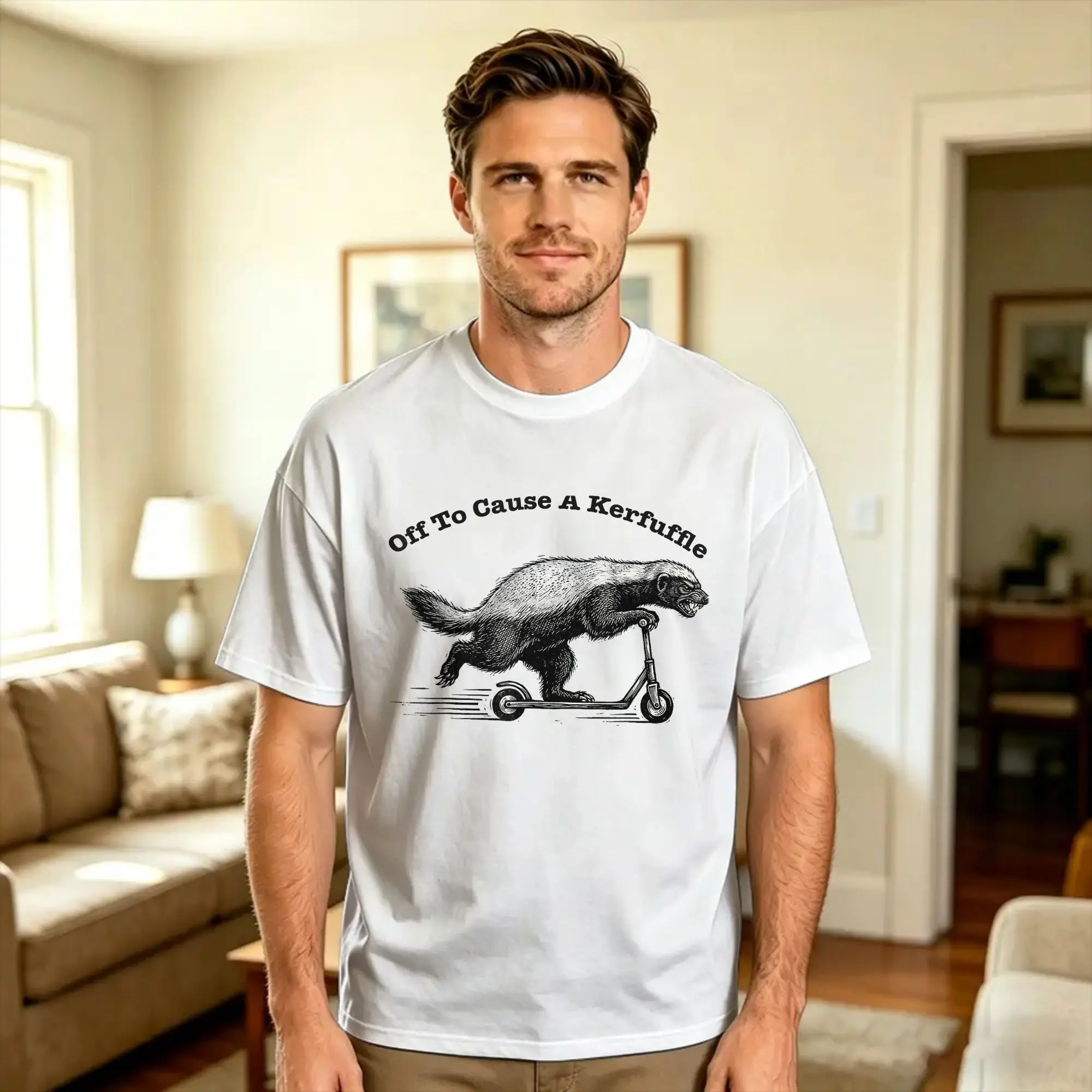 Men Women T-Shirt Off to Cause A Kerfuffle Funny Honey Badger On Kick Scooter T-Shirts Harajuku  Summer Tee Shirt Plus Size