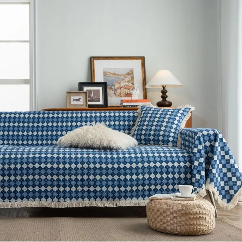 Blue Plaid Sofa Towel Anti-cat-scratch Jacquard Thick Sofa Blanket Cover Towel Tassel Tablecloth Dust Cover