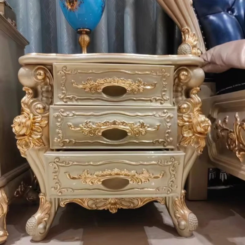 

Bedroom furniture bedside table hand carved solid wood frame gold bedside table