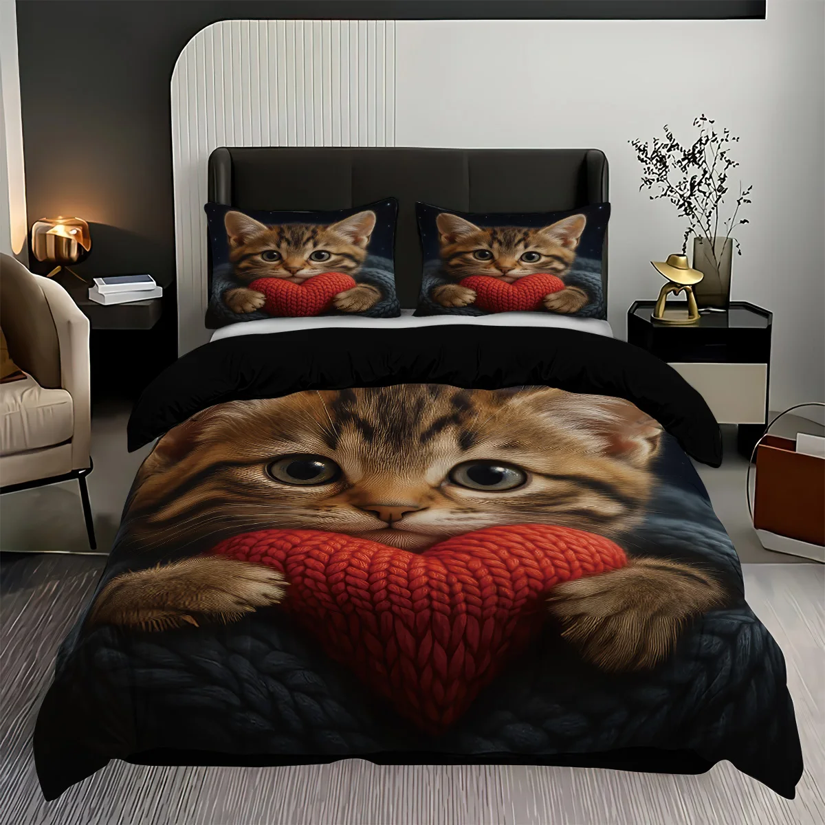 3pcs Cute Cartoon Kitten Printed Duvet Cover Set, 1 Duvet Cover+2 Pillowcases, Coreless, Soft and Comfortable, Machine Washable