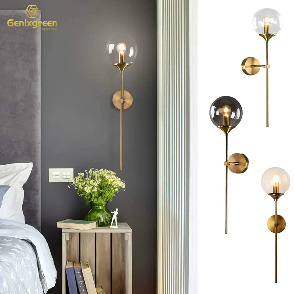 

Modern Led Glass Ball Wall Lamp Sconce Fixture E14 E27 Gold Arm Bedside Lamp Living Room Light Decor Hallway Lighting Luminaire