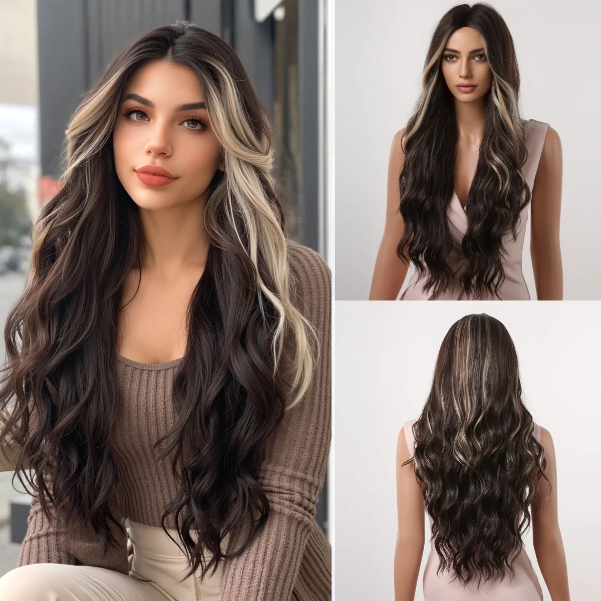 

HAIRCUBE Коричневый Блондин Мелирование Синтетические Длинные Парики Средняя Часть Натуральные Волнистые Волосы Парик для Женщин Повседневный Косплей Термостойкий