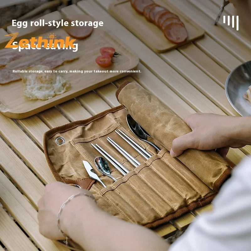 حقيبة تخزين أدوات المائدة للتخييم مع ملعقة من الفولاذ المقاوم للصدأ وعيدان تناول الطعام ومواد قماش مشمعة