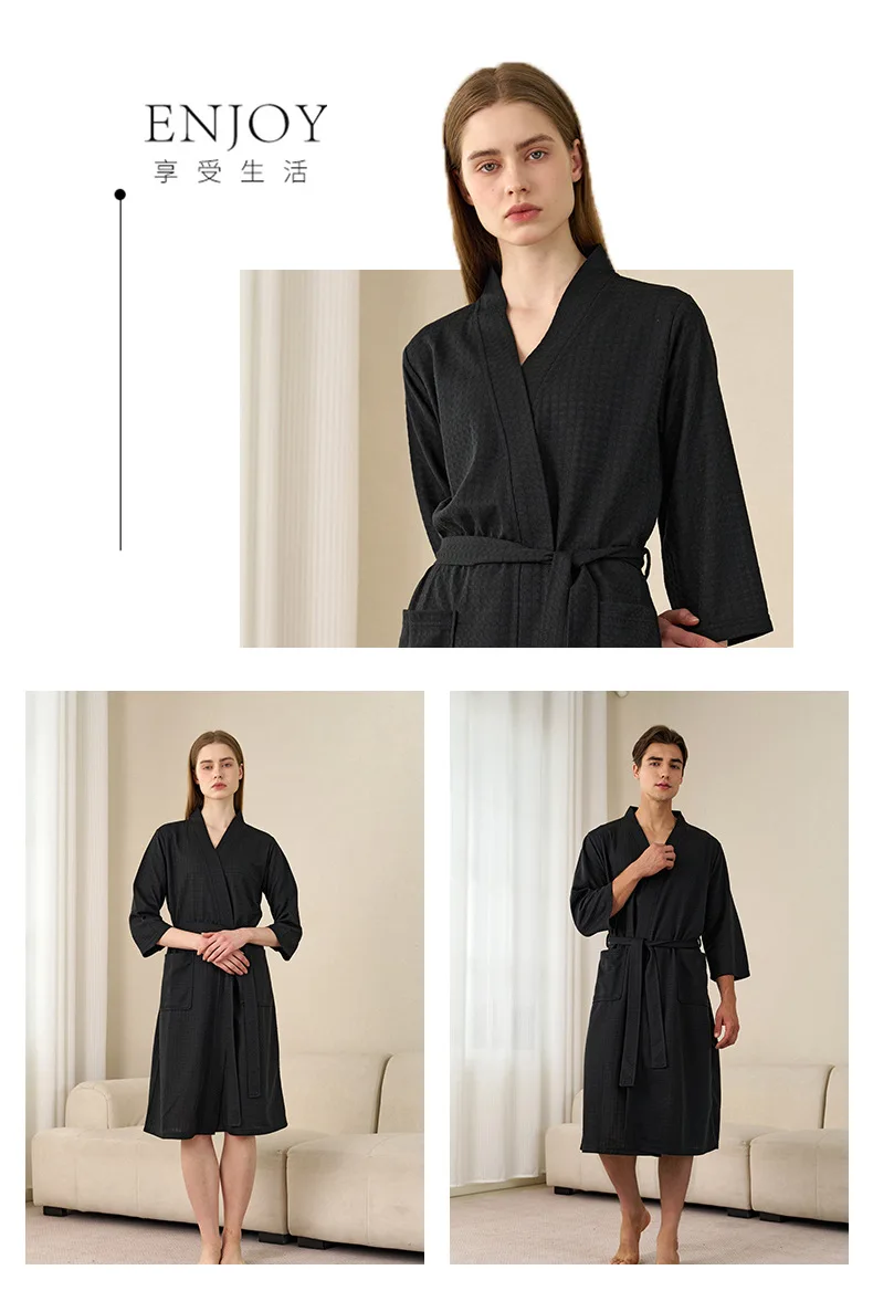 Herren Waffelstrick-Bademantel, Leichter Weicher Spa-Bademantel mit Taschen & Gürtel, Atmungsaktiver Saugfähiger Waffel-Kimono, Schlafbekleidung für Zuhause – Detail 8