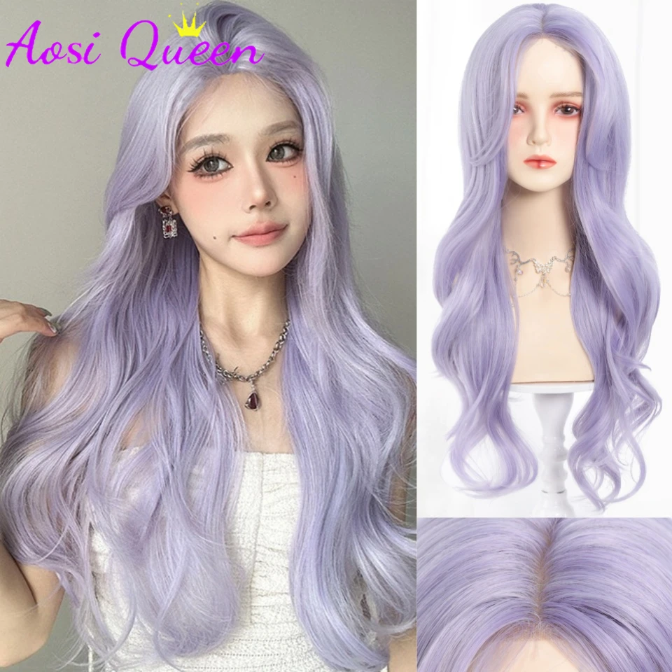 

Светло-фиолетовый синтетический парик, женская средняя часть, натуральные большие волны, длинные вьющиеся волосы, повседневный косплей, высокотемпературный шелковый головной убор
