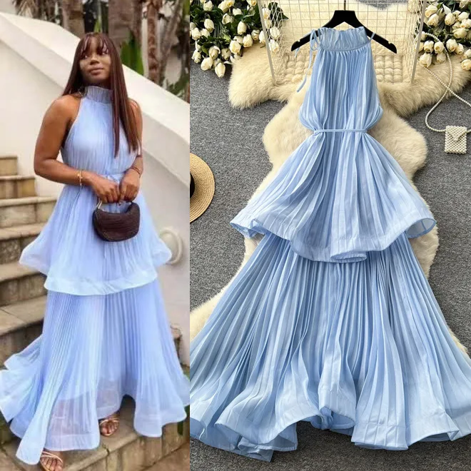 

Cake Dress Women Long Dresses Ruffles Vestidos Y2k Streetwear Elegant Splice Party Night Work Halter Sleeveless Tight Waist