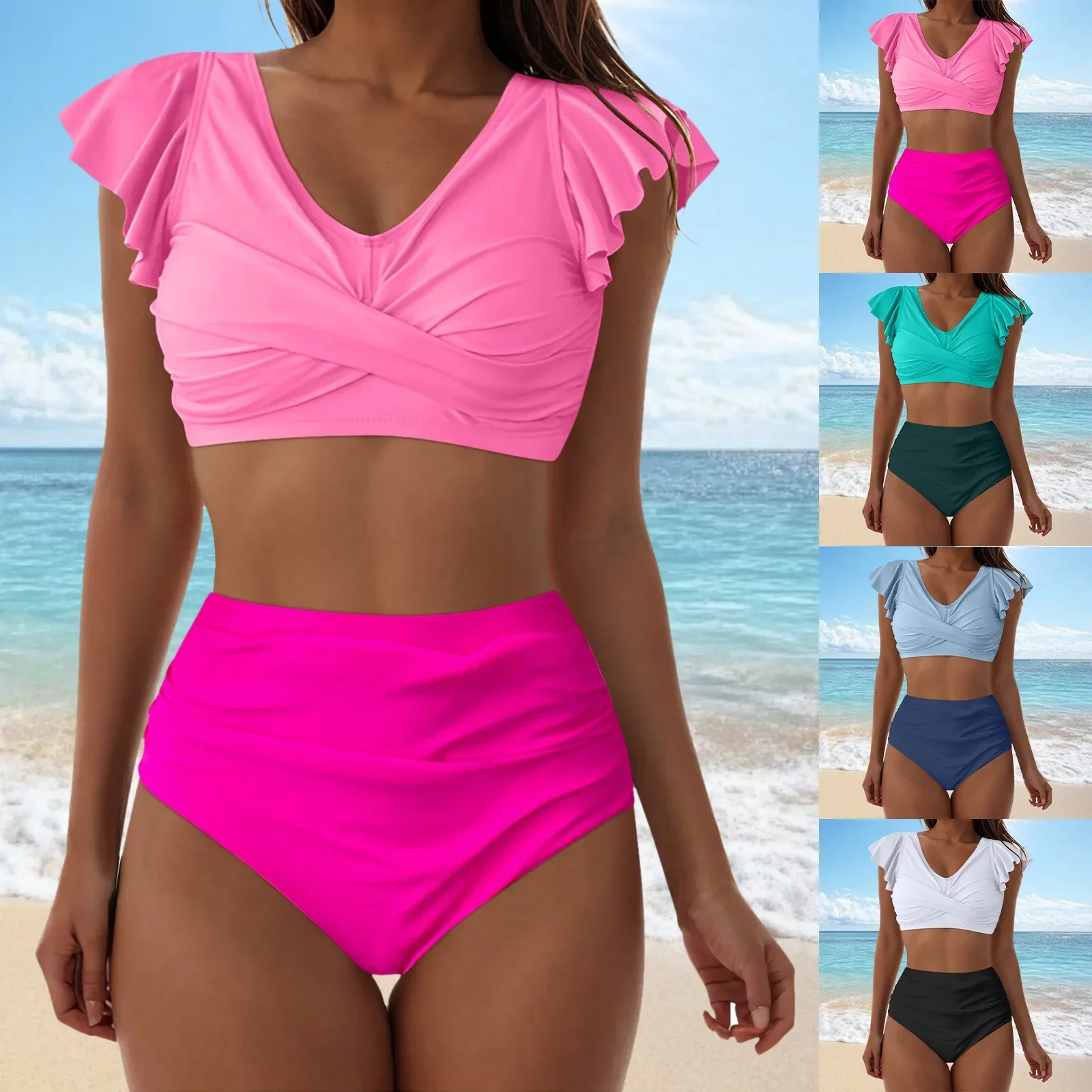 

Спортивные купальники для женщин, женские купальные костюмы с высокой талией, купальники из двух предметов, спортивный топ с рюшами для плавания для женщин, бикини