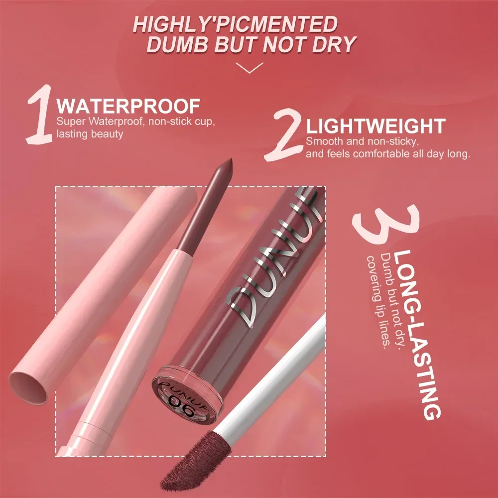 DUNUF 2 IN 1 ลิปสติก Lipliner ชุดปากกา Matte Nude Lip Liner ดินสอกันน้ําลิปสติกติดทนนานปากกา Contour แต่งหน้าสําหรับผู้หญิง