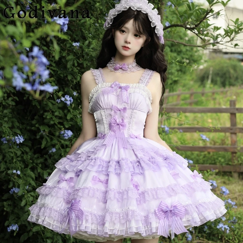 

Purple Princess Style Sweet Suspender Dress Jsk Summer Woman's Elegant Tea Party Dress Set Japanese Lolita Cute Bow Lace Dress