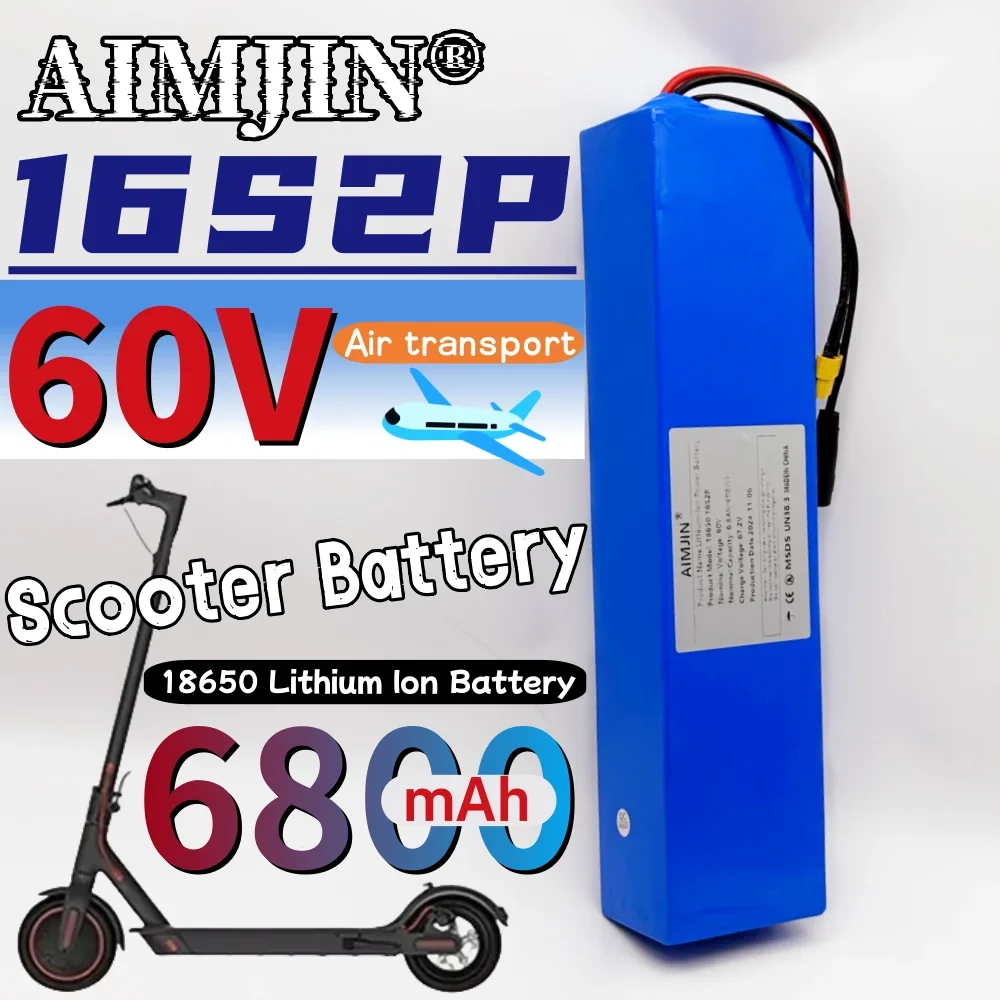 100% New 60V 6800mAh Lithium-ion Battery Pack 16S2P Rechargeable Battery Built-in BMS Suitable for Electric Scooter Battery