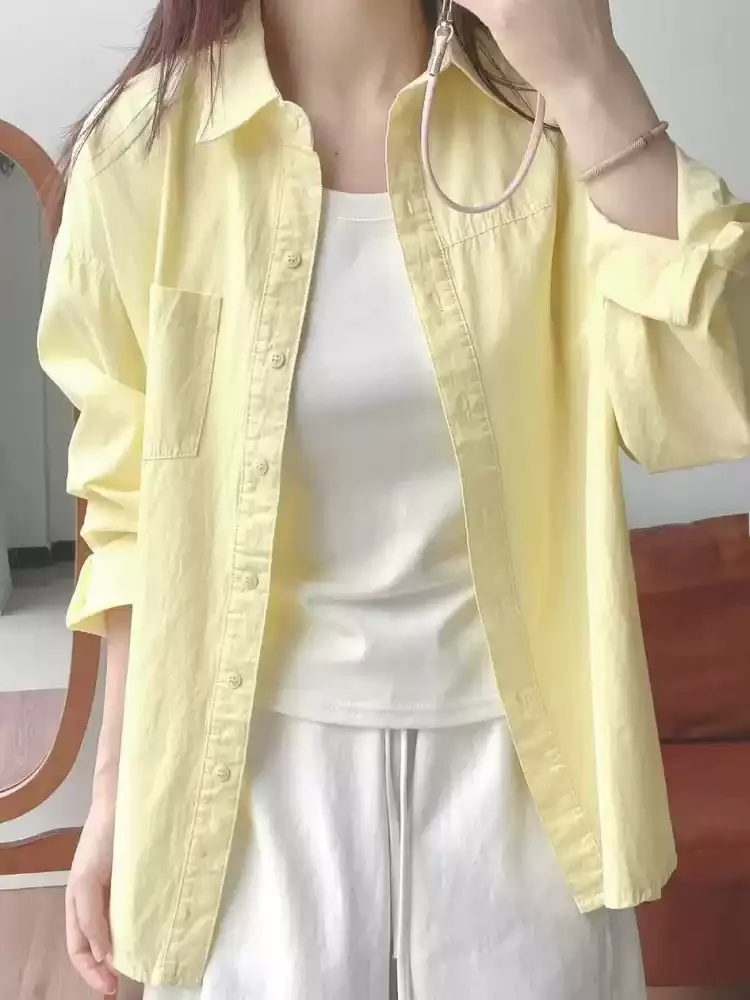 Women's Long Sleeve Cotton Shirt Yellow Pure Cotton Summer Fashionable Sun Protection Outerwear Cardigan Sweet Style Loose Fit