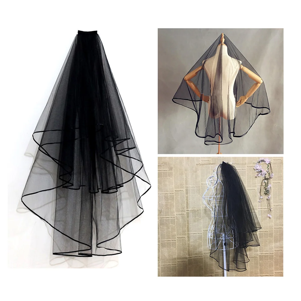 

1Pcs Retro Black Wedding Veil Long Premium Fabric Bride Headpiece with Comb for Women Ladies Black Bridal Veil