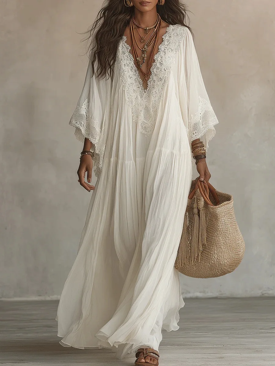 Langes Kleid im Strandstil für Damen, weiß, V-Ausschnitt, Fledermausärmel, Spitzeneinsatz, elegantes, lockeres Kleid, Sommermode, Urlaubskleider