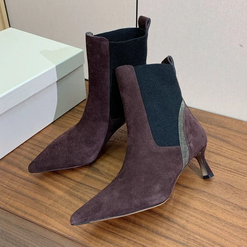 

Короткие сапоги «Челси Ботас» из коровьей замши с декором из бисера, женские ботильоны на эластичной ткани «котенок» на каблуке, весенне-осенние ботильоны