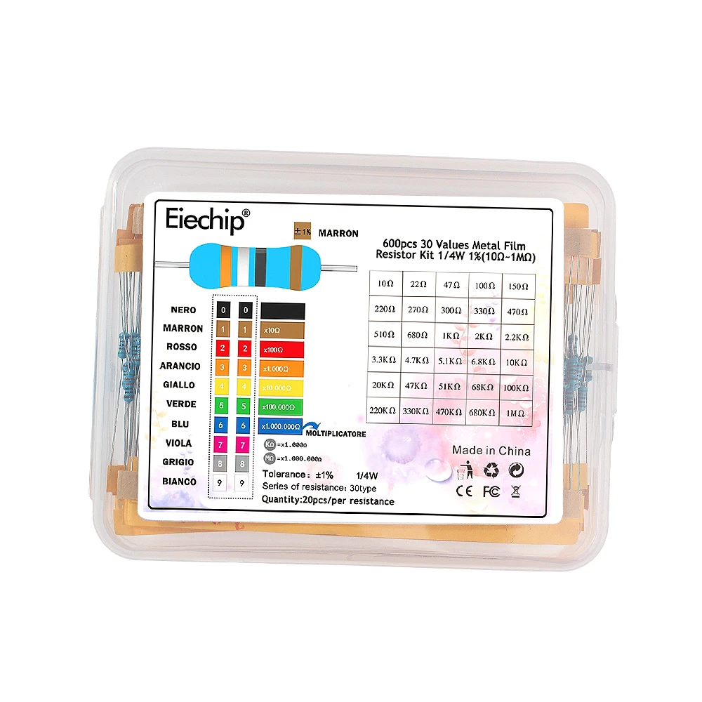 

600PCS 30 Values 1/4W Metal Film Resistor Assortment Kit, 10 ohm~1M ohm Resistors Assorted Set Pack in Box, 10K 20K 47K 51K 68K
