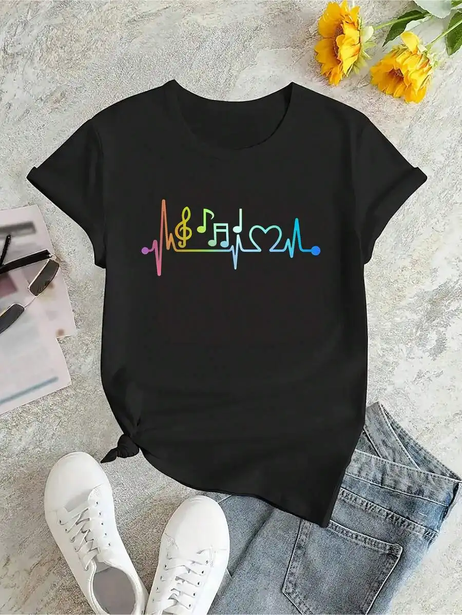 Women's Casual Sports T-Shirt, Round Neck, Short Sleeve, Colorful Musical Note Print Holiday Comfort Summer Top