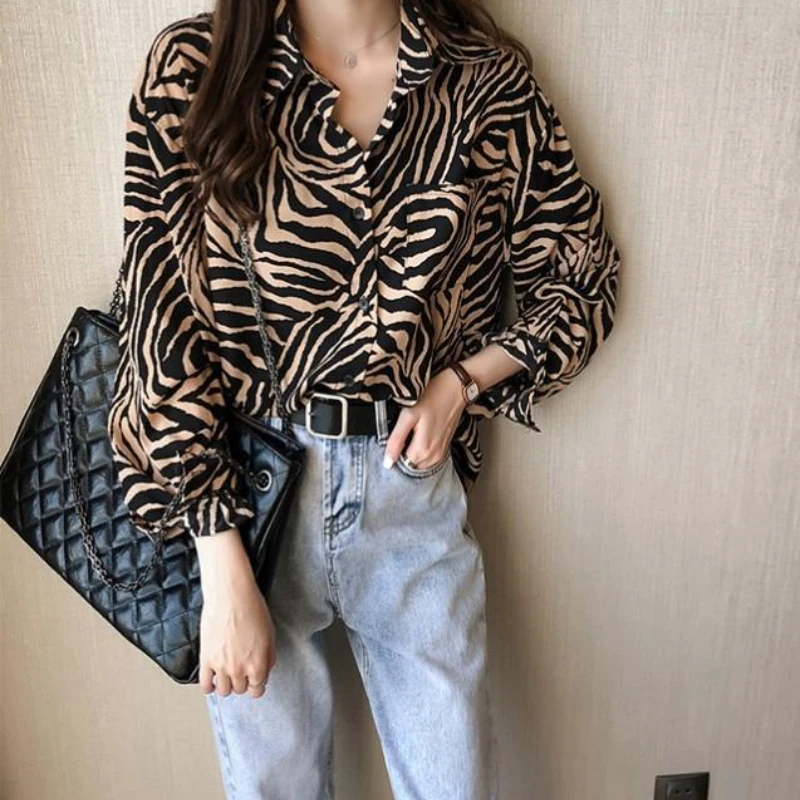 Long-sleeved Striped Shirt Women\'s Jacket Blouse 2024 Fashion Retro Zebra-stripe Turndown Collar Loose Shirts Blouses Women